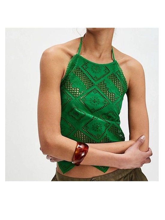Free People Tops - NWT Free People Green Crochet Halter Tank Top
